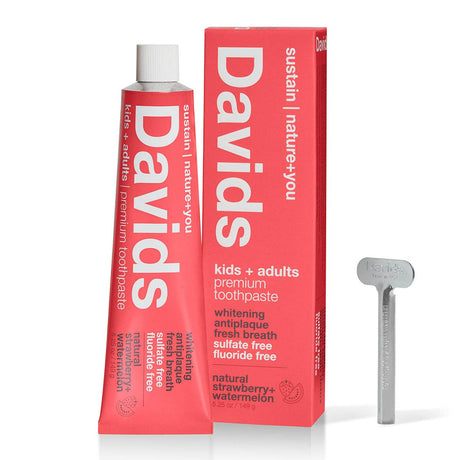 Davids Kids + Adults Natural Premium Toothpaste - Strawberry Watermelon packaging and key